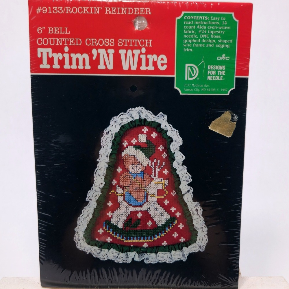 Vintage 1987 Designs For The Needle Rockin Reindeer Cross Stitch Kit 9133 Bell